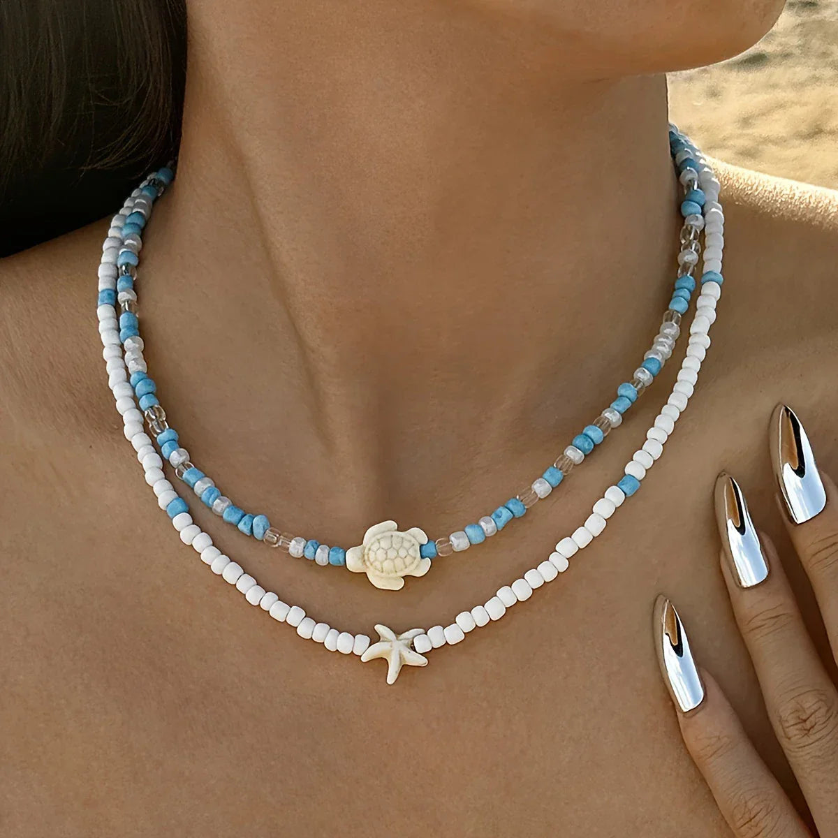 Collar Bohemio de 2 Piezas con Tortuga y Estrella de Mar