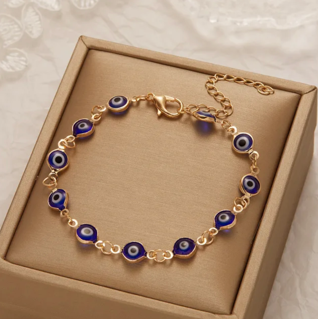 Pulsera chapada en oro fino de 18 quilates azul contra el mal de ojo