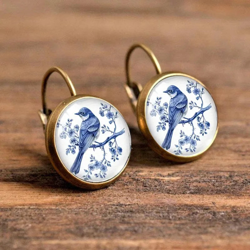 Pendientes de Cúpula de Vidrio de Urraca Azul Vintage
