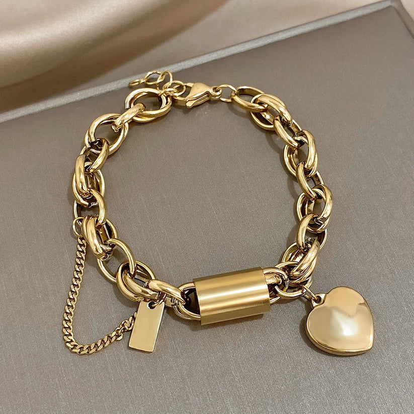 Pulsera Heartened Gruesa | Oro Blanco