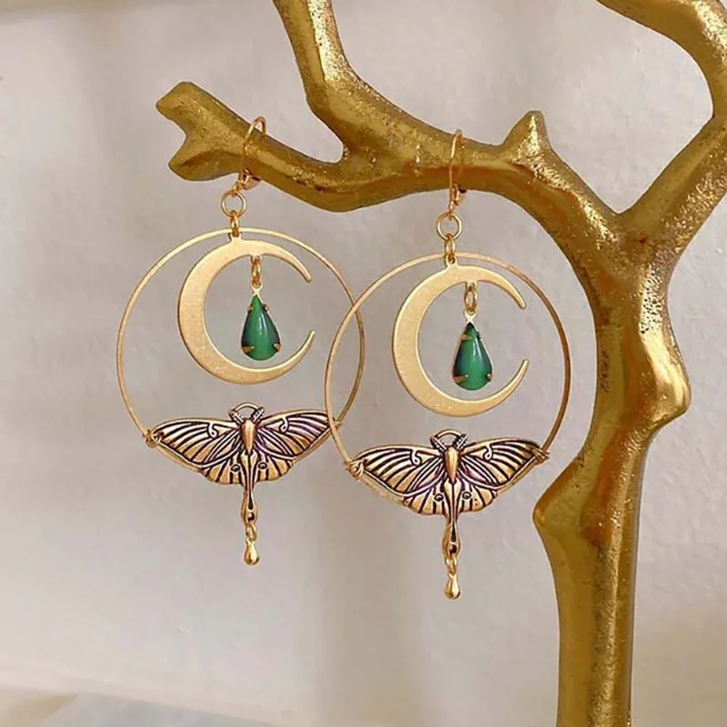 Pendientes Dorados Vintage de Luna y Libélula
