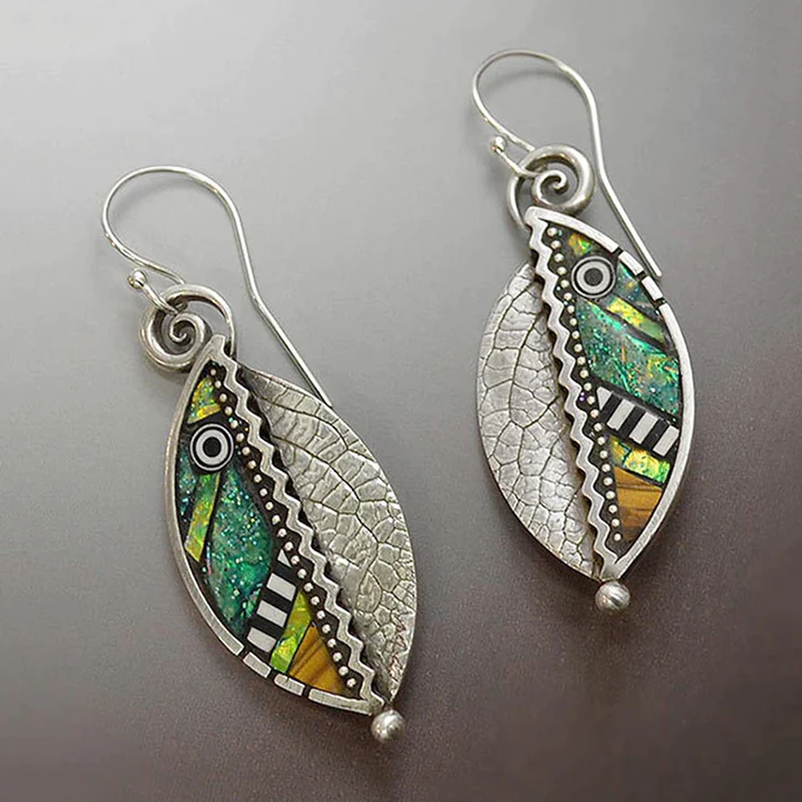 Pendientes Vintage de Hoja de Cristal Verde en Plata