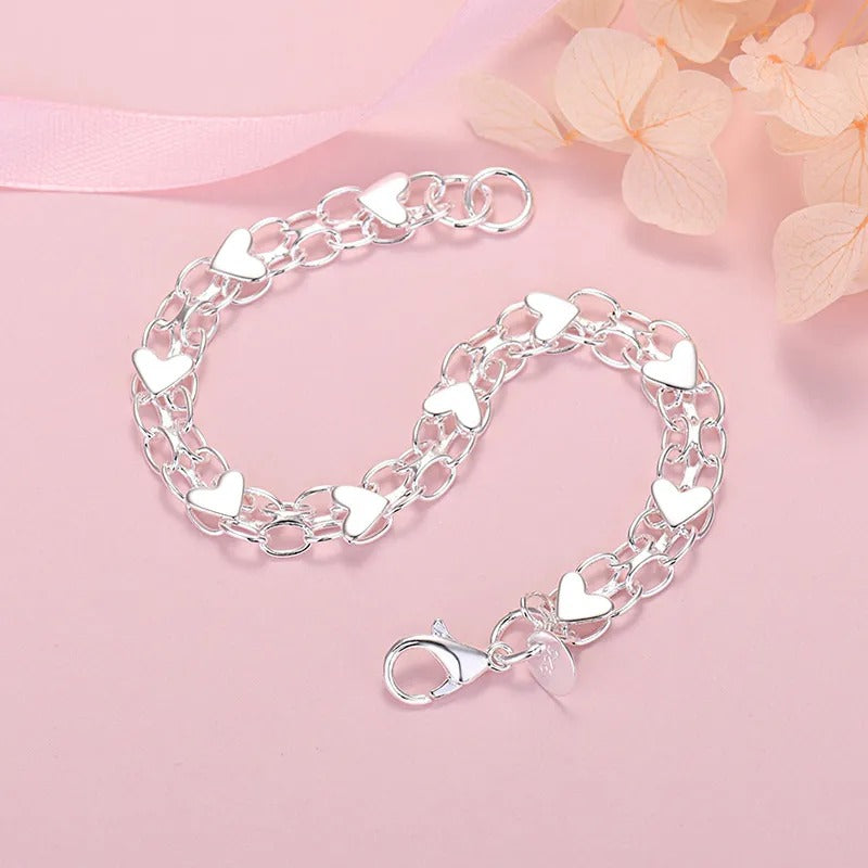 Pulsera de plata 925 con forma de cadena y corazones
