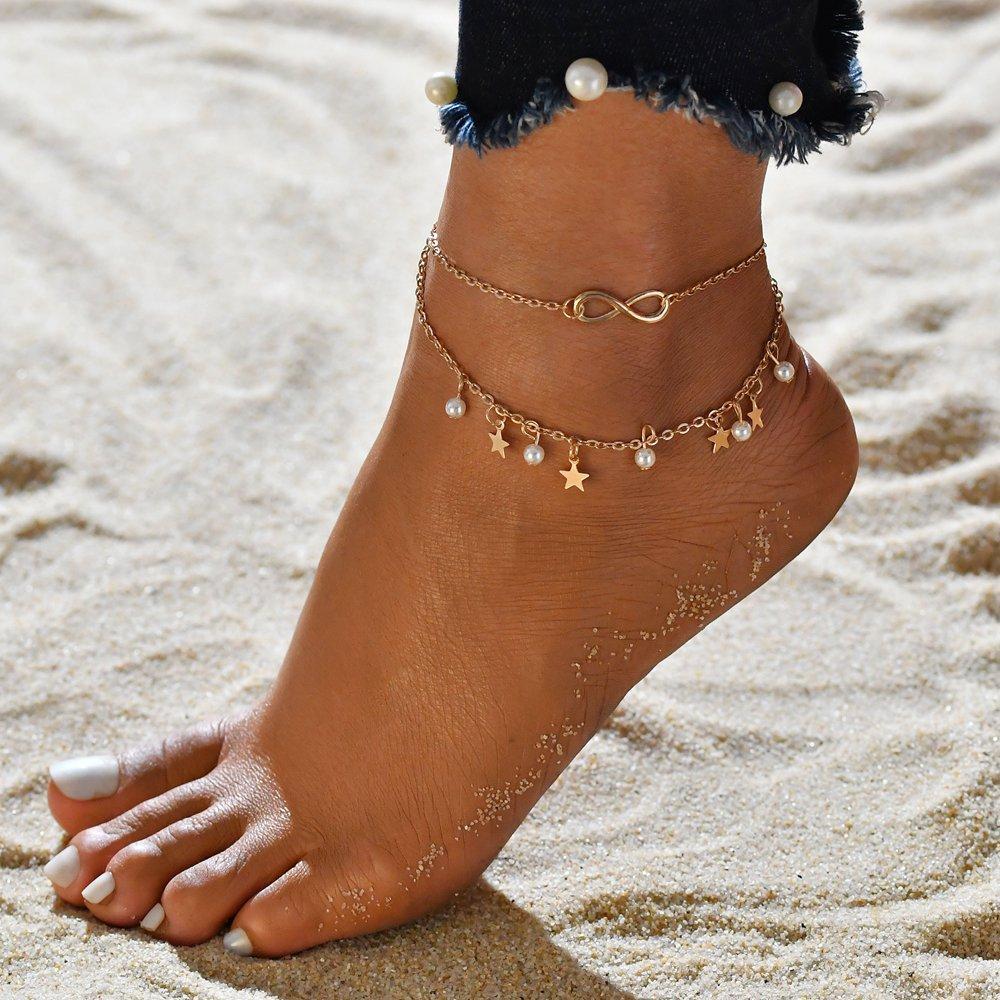 Pulsera Tobillera Infinito con Perlas y Estrellas