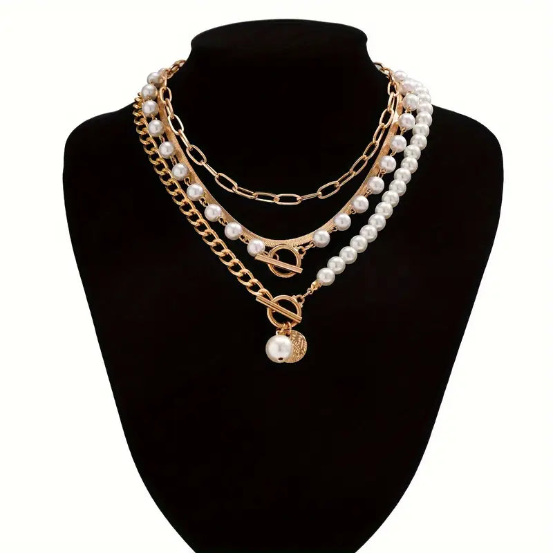 Set de Collar de Cadena de Serpiente con Perlas Vintage | Oro