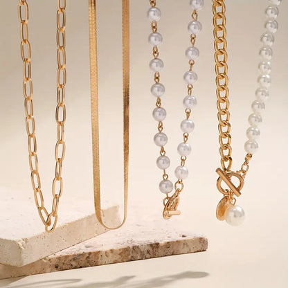 Set de Collar de Cadena de Serpiente con Perlas Vintage | Oro