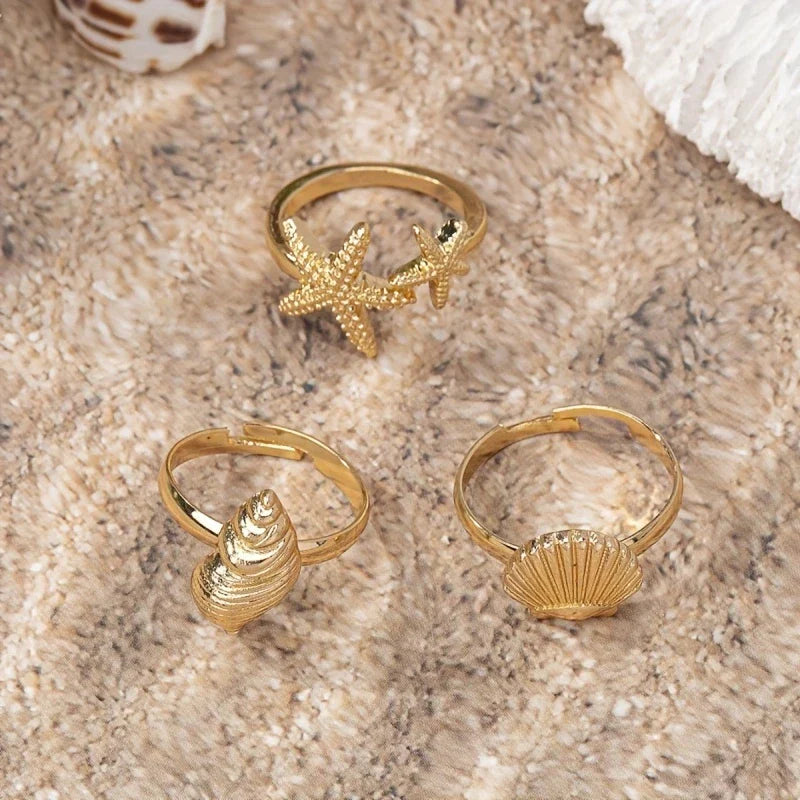 Conjunto de 3 Anillos Dorados Concha Estrella y Caracola