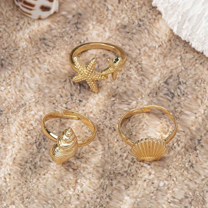 Conjunto de 3 Anillos Dorados Concha Estrella y Caracola