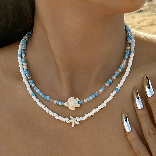 Collar Bohemio de 2 Piezas con Tortuga y Estrella de Mar