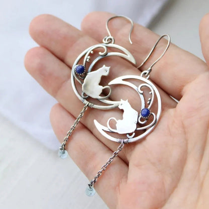 Pendientes Boho de Gato con Zirconia Azul en Plata de Ley