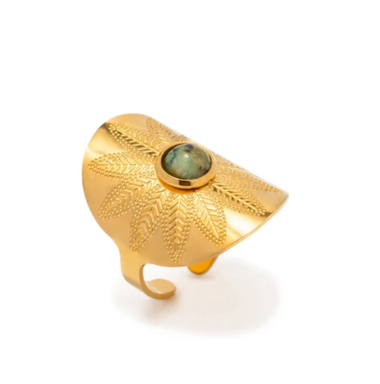 Anillo de estilo maya chapado en oro de 18 quilates con jade