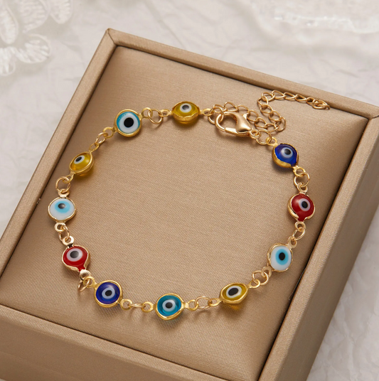 Pulsera dorada de 18 quilates multicolor contra el mal de ojo