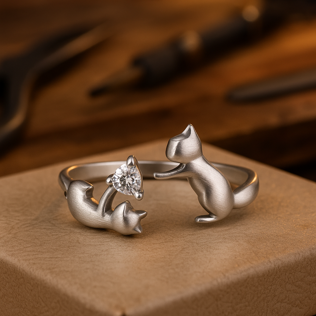 Anillo Ajustable de Gato Juguetón en Plata de Ley con Zirconia