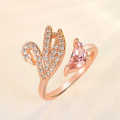 Anillo de Cisne de Cristal - Ajustable en Oro Rosa