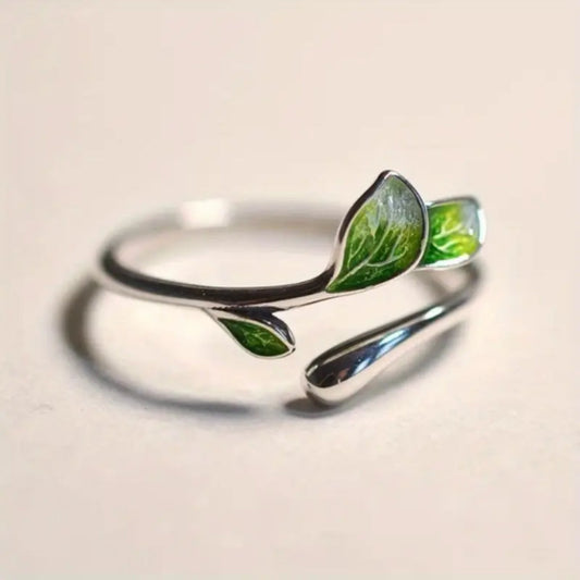 Anillo Ajustable de Hoja con Esmalte Verde