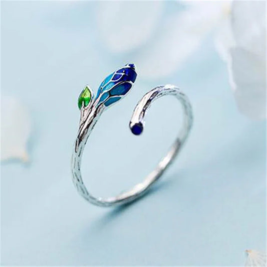 Anillo Ajustable de Hoja con Esmalte Azul en Plata