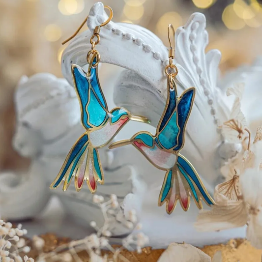 Pendientes Elegantes de Colibrí con Esmalte Azul