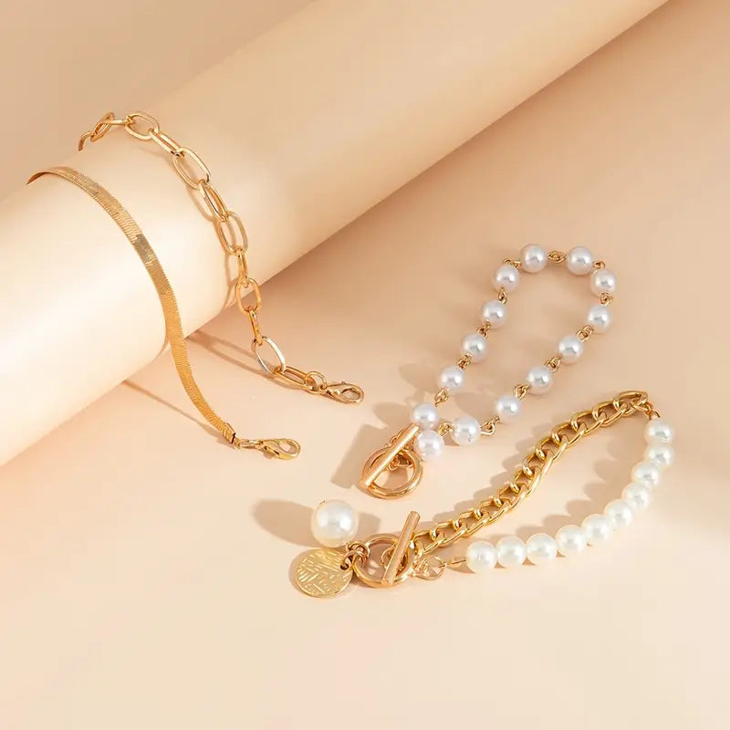 Set de Pulseras Chic Gold 4 Piezas - Serpiente, Perlas y Eslabones | Oro