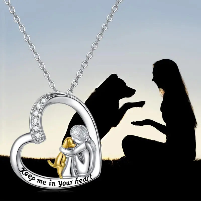 Collar en Plata de Ley 925 diseño de Corazón y Perro con Zirconia