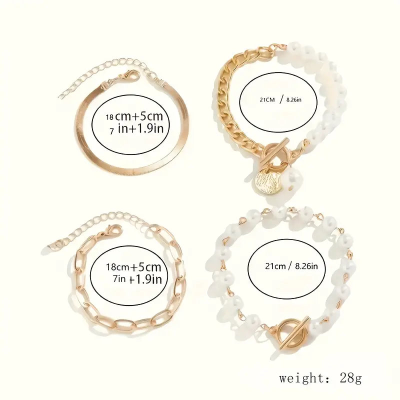 Set de Pulseras Chic Gold 4 Piezas - Serpiente, Perlas y Eslabones | Oro