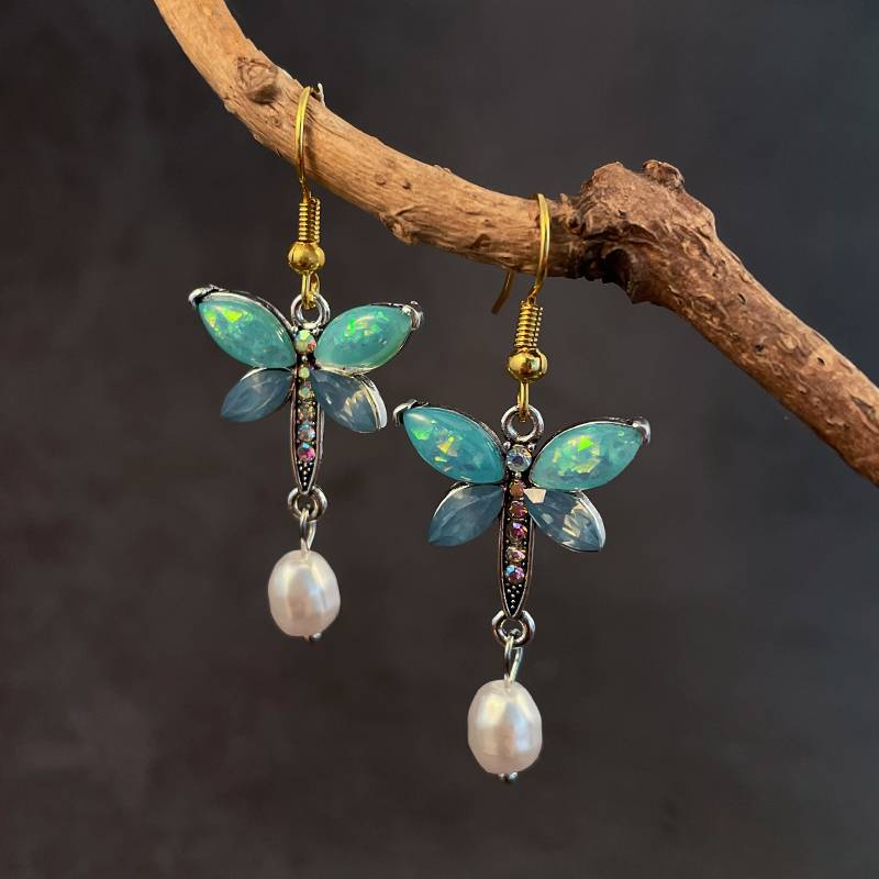 Pendientes Vintage de Mariposa con Perla y Ópalo Verde