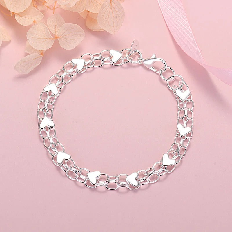 Pulsera de plata 925 con forma de cadena y corazones