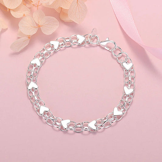 Pulsera de plata 925 con forma de cadena y corazones