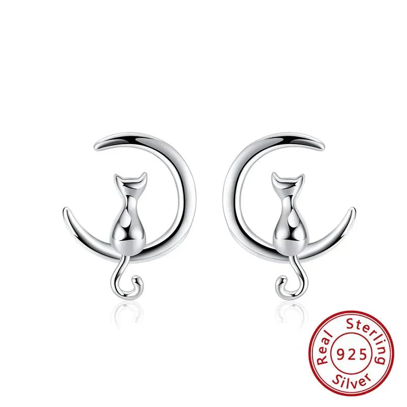 Pendientes de Gato con Luna y Estrella en Plata de Ley
