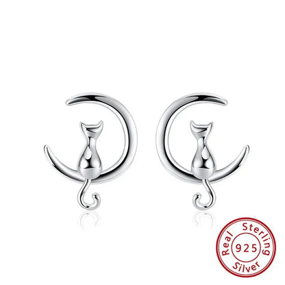 Pendientes de Gato con Luna y Estrella en Plata de Ley