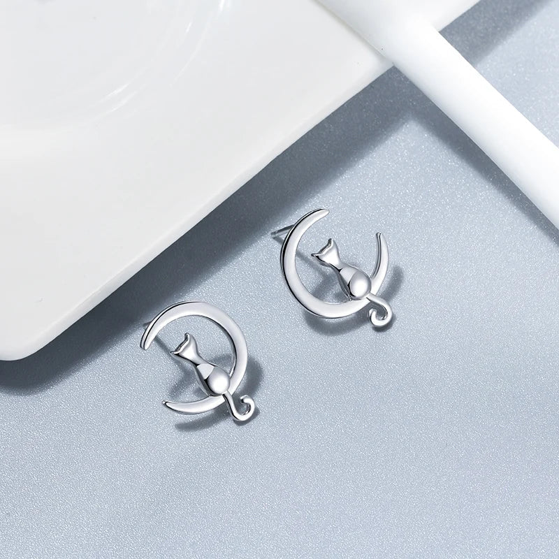 Pendientes de Gato con Luna y Estrella en Plata de Ley