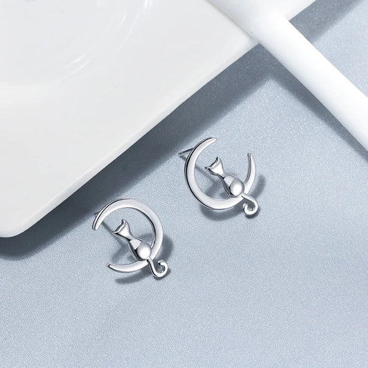 Pendientes de Gato con Luna y Estrella en Plata de Ley