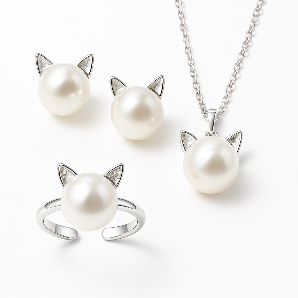Collar de Gato con Perla con Pendientes de Regalo + Anillo
