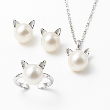 Collar de Gato con Perla con Pendientes de Regalo + Anillo