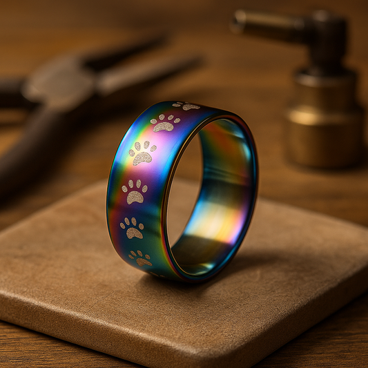 Anillo de Huella de Pata en Acero Inoxidable Arcoíris Hecho a Mano