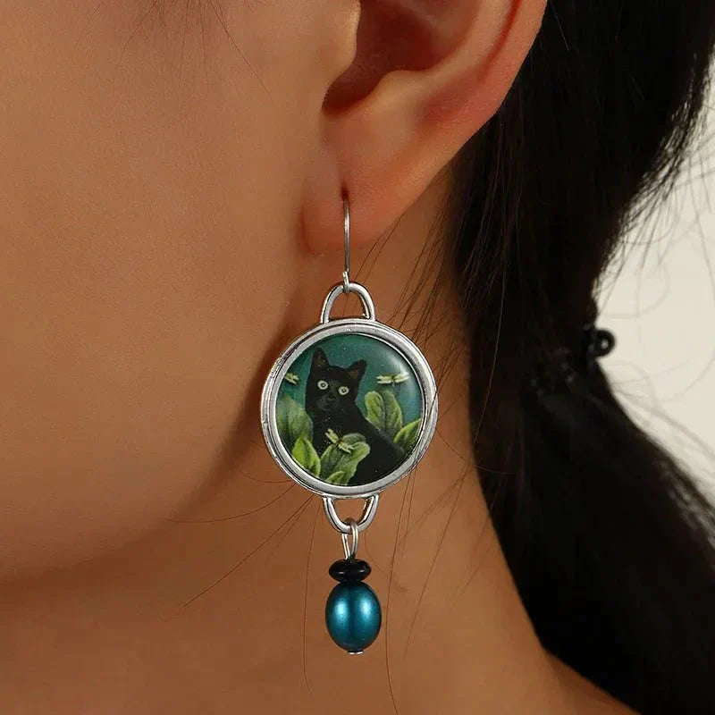 Pendientes Vintage de Gato Negro Tropical
